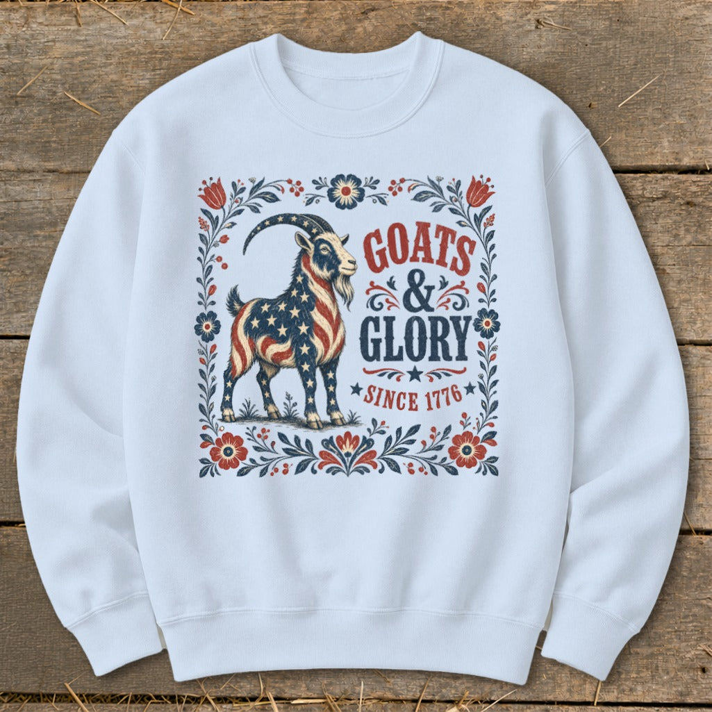 Goat with American flag pattern inside floral border, text "Goats & Glory Since 1776."