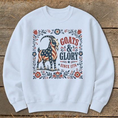 Goat with American flag pattern inside floral border, text "Goats & Glory Since 1776."