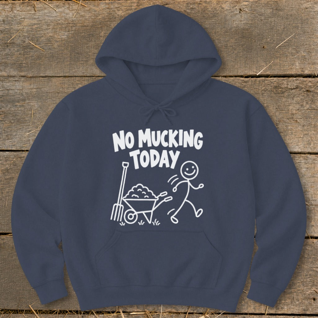 Dark blue hoodie with white text and stick figure graphics.