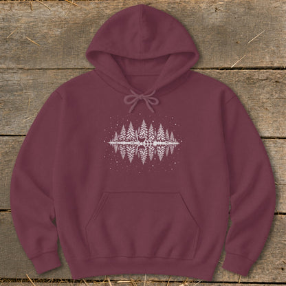 Maroon hoodie with a white graphic of trees and deer reflected in water.