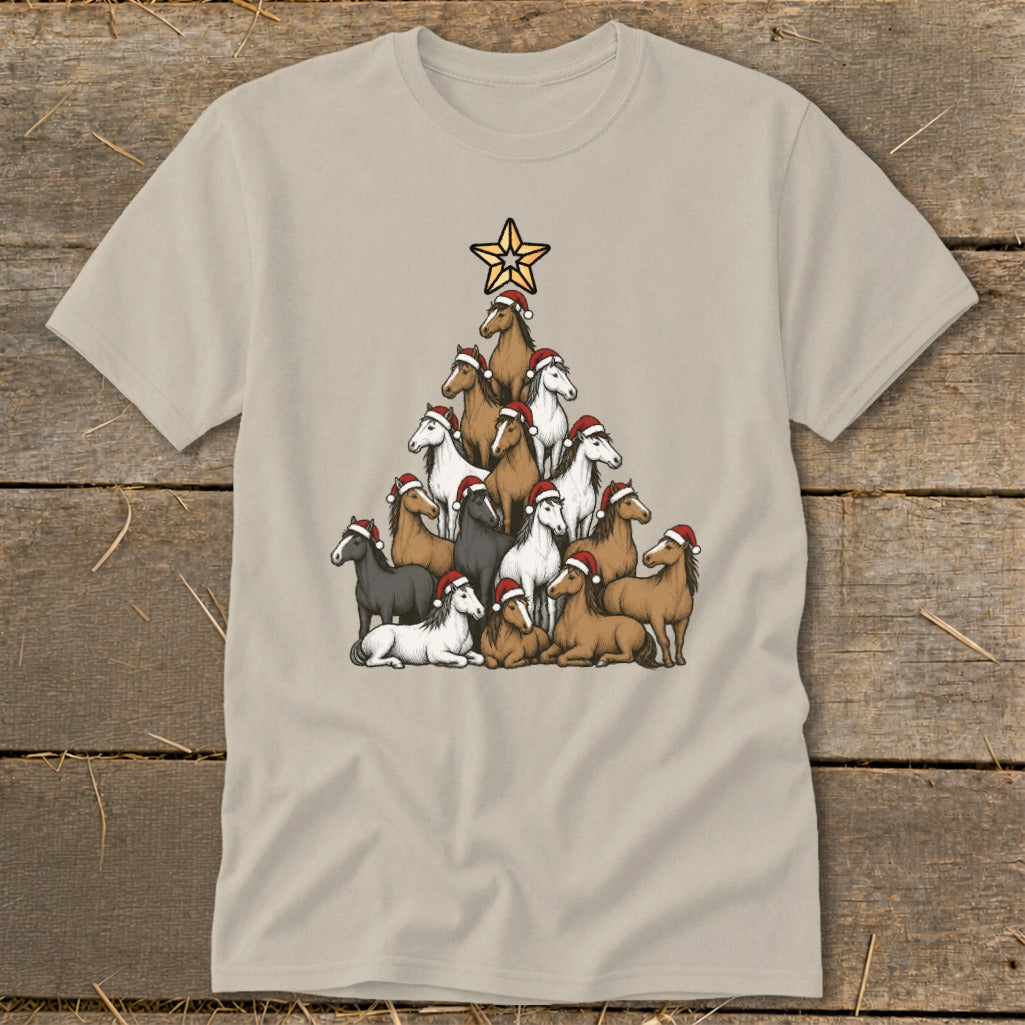 T-shirt with horses in Santa hats forming a Christmas tree with a star.
