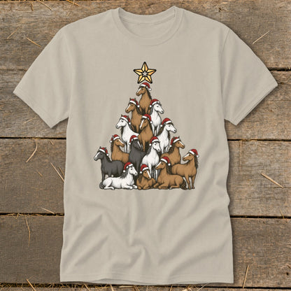 T-shirt with horses in Santa hats forming a Christmas tree with a star.
