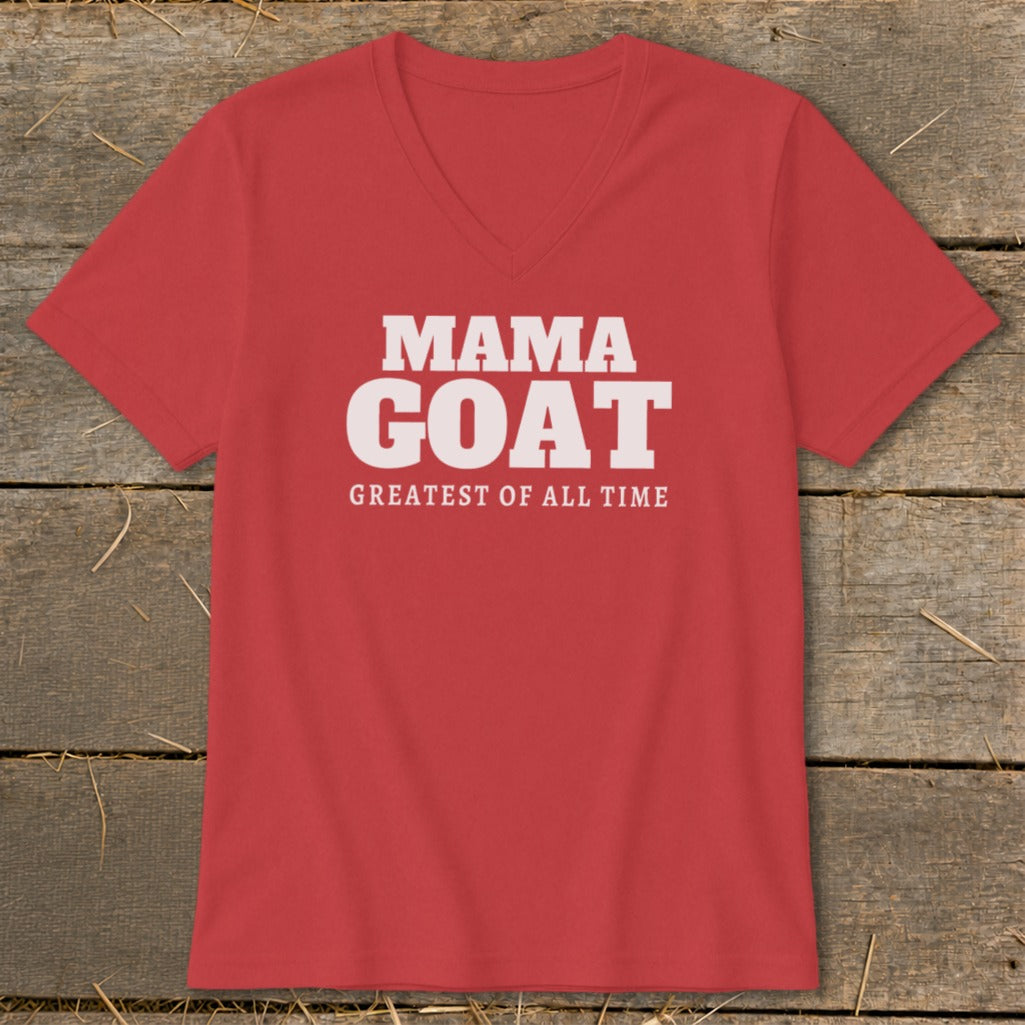 Red v-neck t-shirt with white text "MAMA GOAT GREATEST OF ALL TIME".