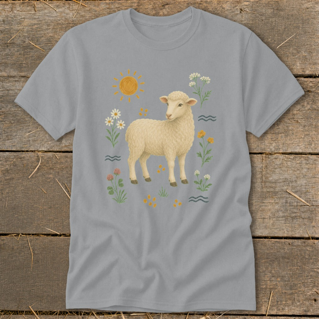 Light grey t-shirt with a cream sheep and wildflowers illustration.