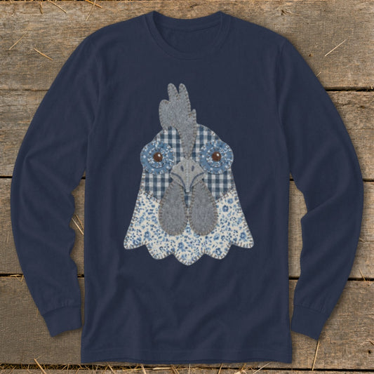 Navy long-sleeve shirt with a blue and white gingham and floral chicken applique on the front.