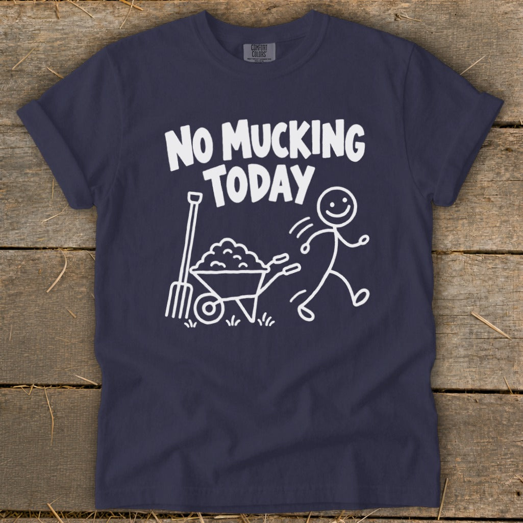 Navy t-shirt with white text and cartoon graphic of stick figure running from a wheelbarrow and pitchfork.