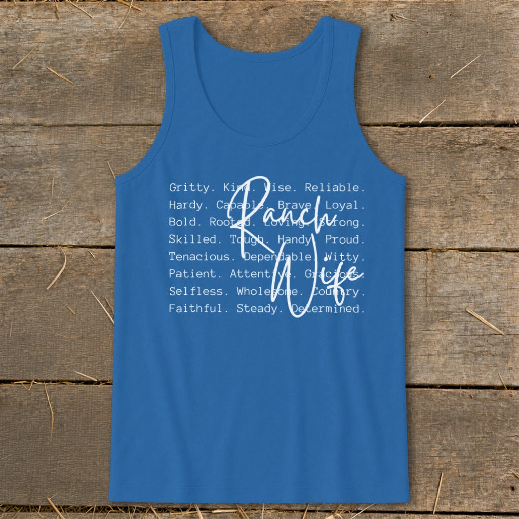 Blue tank top with "Ranch Wife" and descriptive words in white text.