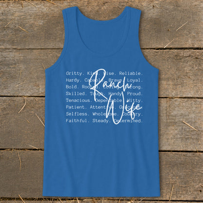 Blue tank top with "Ranch Wife" and descriptive words in white text.