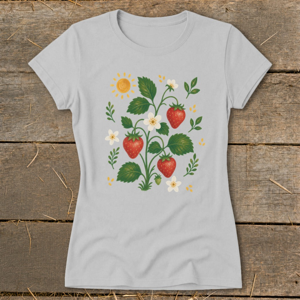Light grey t-shirt with a strawberry plant, flowers, and sun graphic.