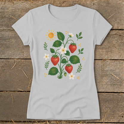 Light grey t-shirt with a strawberry plant, flowers, and sun graphic.