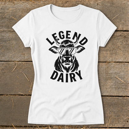White t-shirt with a black graphic of a cow wearing sunglasses and the text "LEGEND DAIRY".