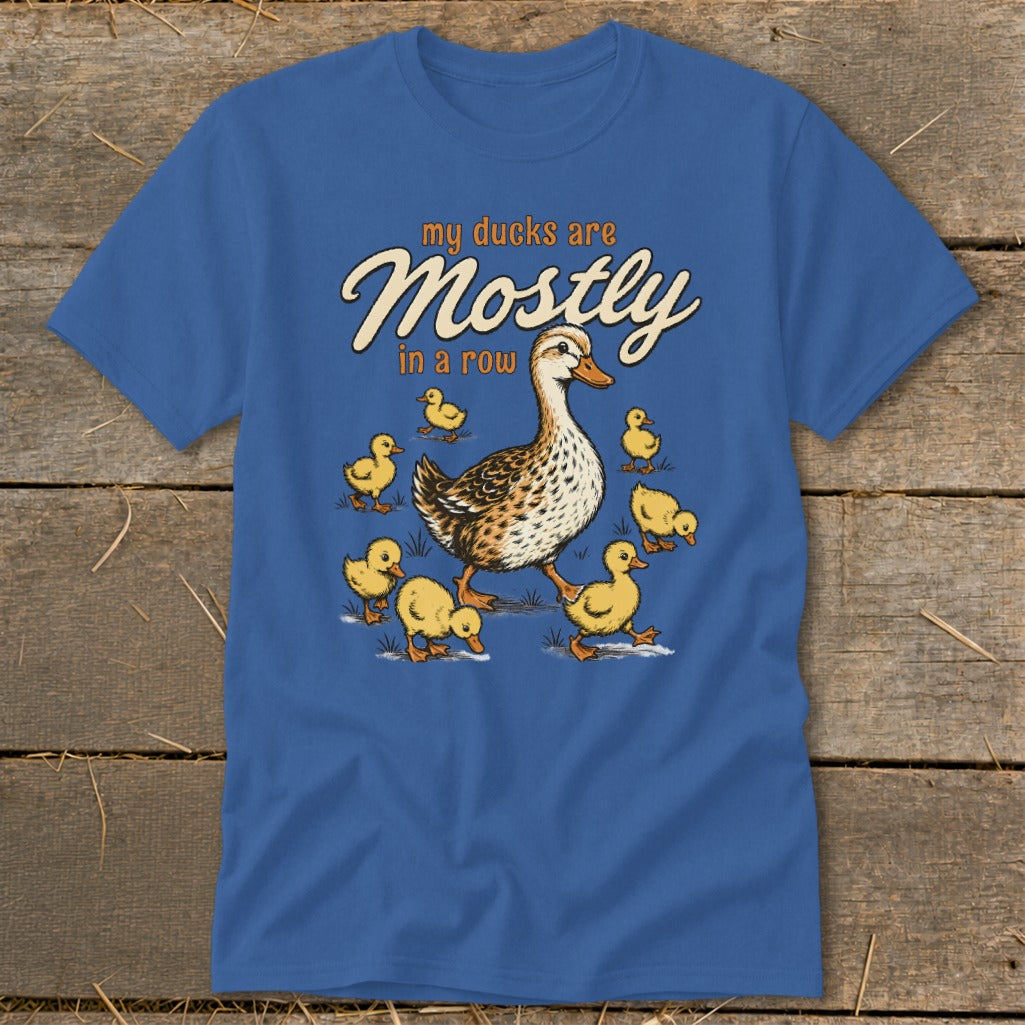 Blue t-shirt with a graphic of a mother duck and ducklings with the text "my ducks are Mostly in a row".