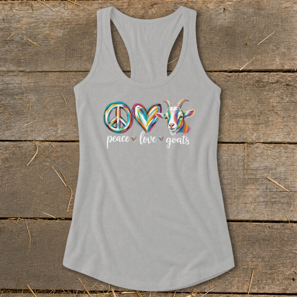 Gray tank top with peace, heart, and goat graphic and text "peace love goats".