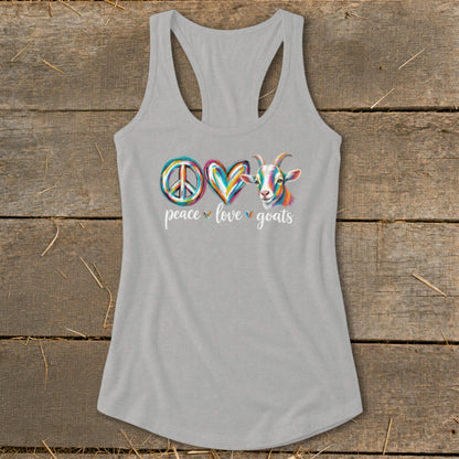 Gray tank top with peace, heart, and goat graphic and text "peace love goats".