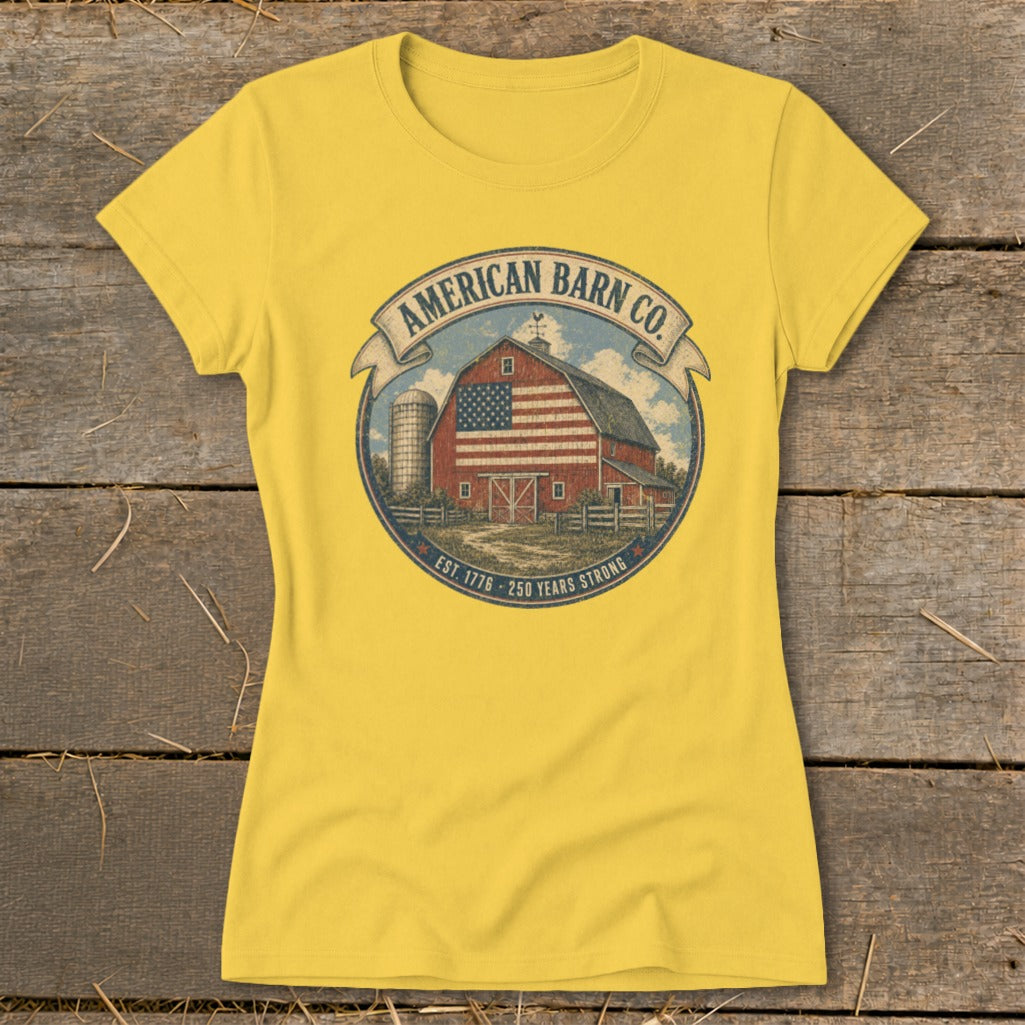 Yellow t-shirt with American Barn Co. logo featuring a barn and silo.