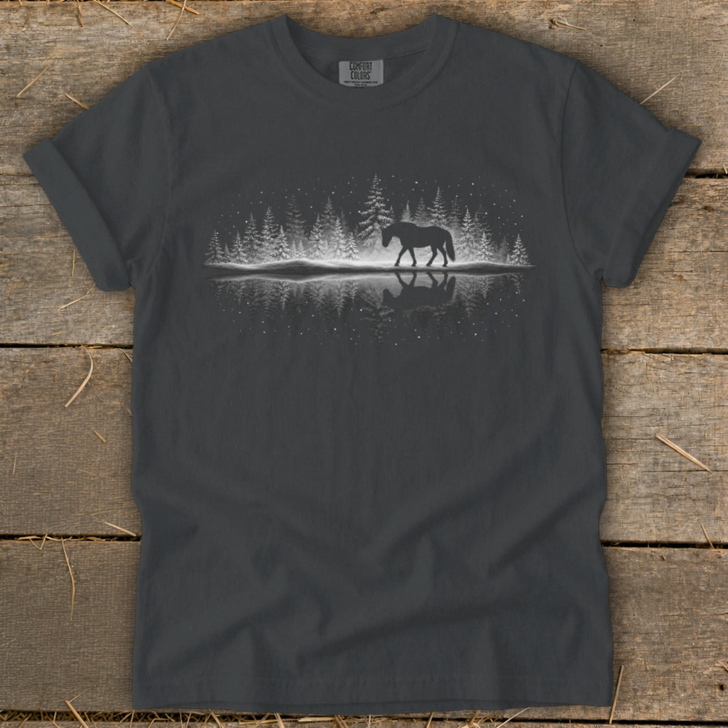 Dark grey t-shirt with silhouette of horse in snowy forest reflected in water.