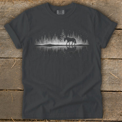 Dark grey t-shirt with silhouette of horse in snowy forest reflected in water.