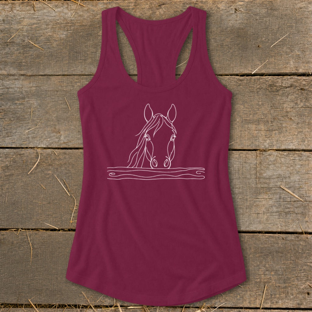 Maroon racerback tank top with white line art horse head graphic.