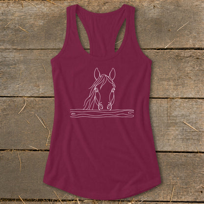 Maroon racerback tank top with white line art horse head graphic.