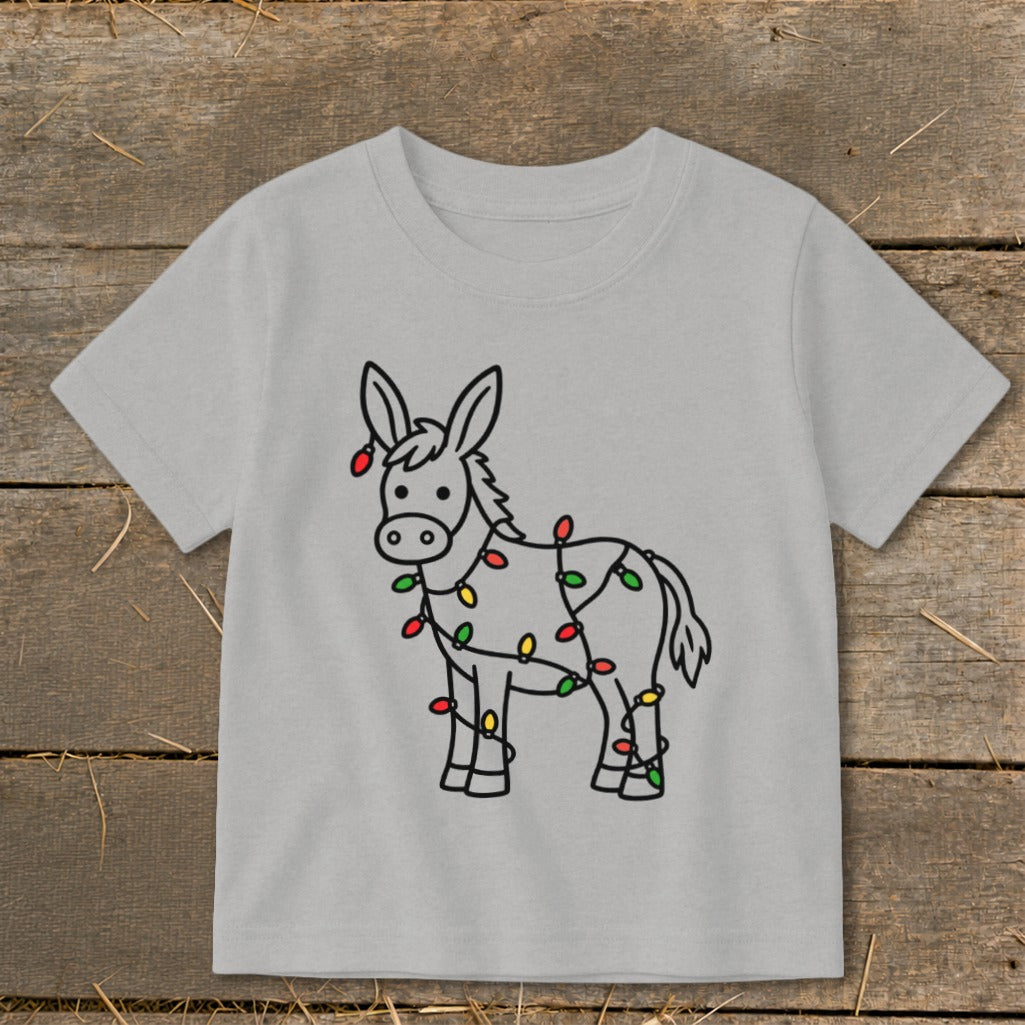 Donkey outline with red, green, and yellow Christmas lights wrapped around it on a gray t-shirt.
