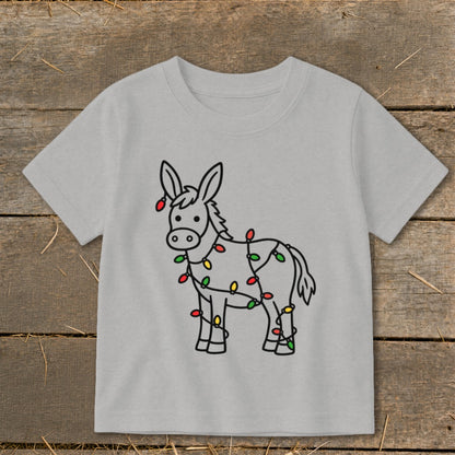 Donkey outline with red, green, and yellow Christmas lights wrapped around it on a gray t-shirt.