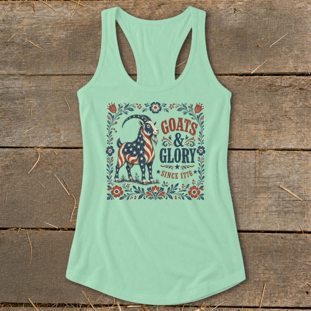 Mint green tank top with a goat design, "GOATS & GLORY SINCE 1776".