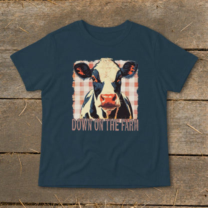 Dark blue t-shirt with a cow graphic and "Down on the Farm" text.