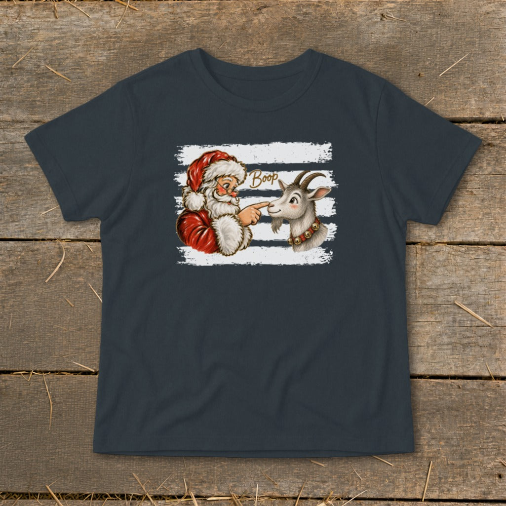 Santa booping a goat on the nose with "Boop" text.
