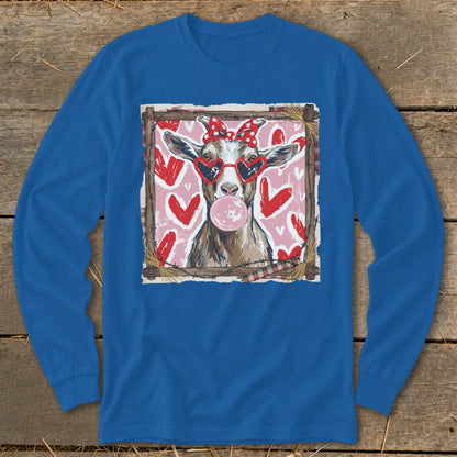 Goat wearing heart sunglasses and bow blowing bubblegum, pink hearts background.