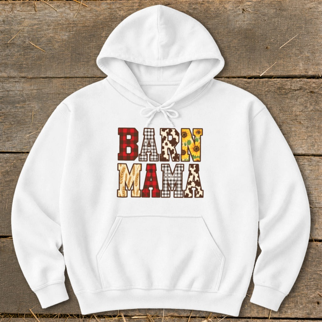 White hoodie with "BARN MAMA" graphic featuring buffalo plaid, cow print, and sunflowers.