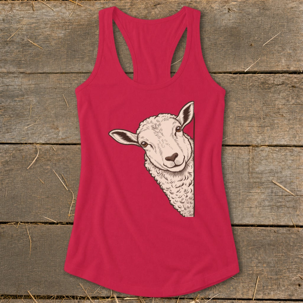 Pink tank top with a drawing of a sheep peeking from the side.