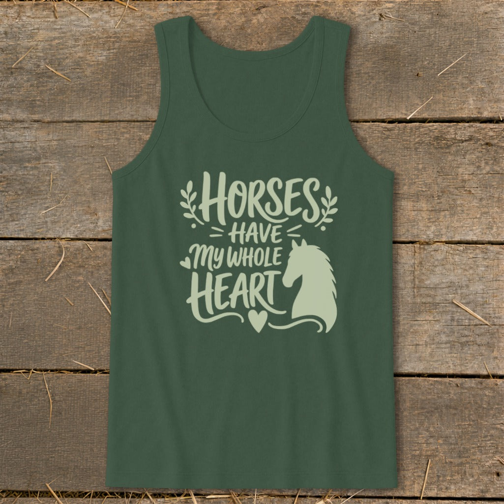 Dark green tank top with "Horses Have My Whole Heart" text and horse graphic.