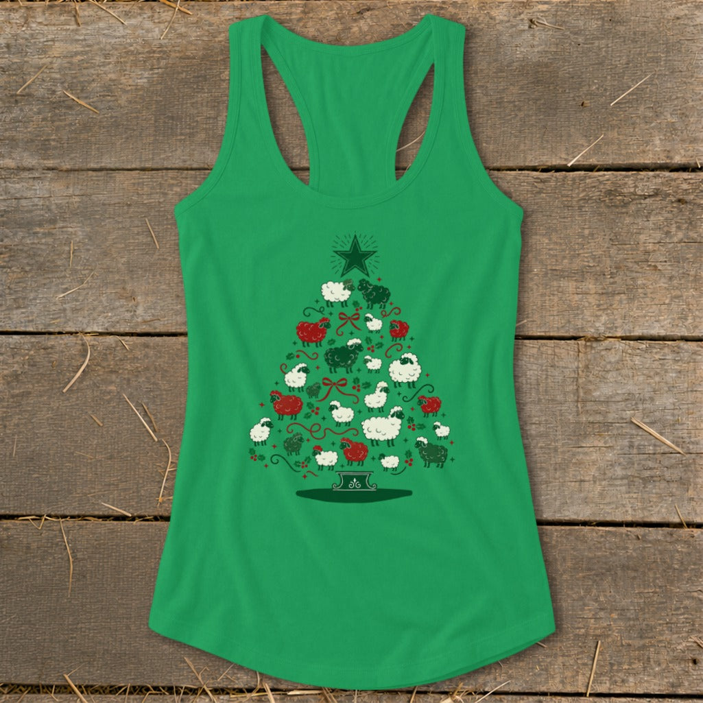 Green tank top with a Christmas tree design made of sheep, holly, and bows.