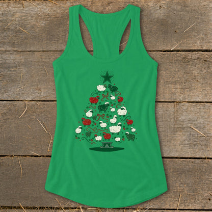 Green tank top with a Christmas tree design made of sheep, holly, and bows.