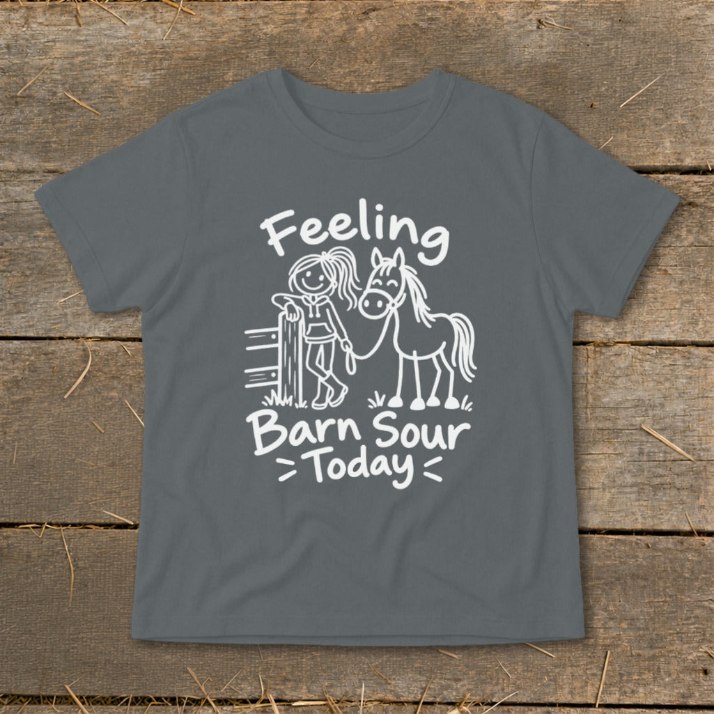Grey t-shirt with white text and drawing of a girl and horse, "Feeling Barn Sour Today".
