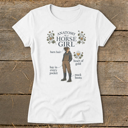 White t-shirt with "Anatomy of a Horse Girl" graphic and illustrative labels.