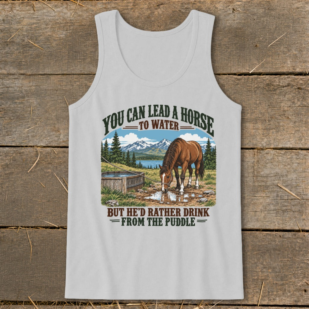 A light gray tank top featuring a graphic of a horse drinking from a puddle with text above and below.
