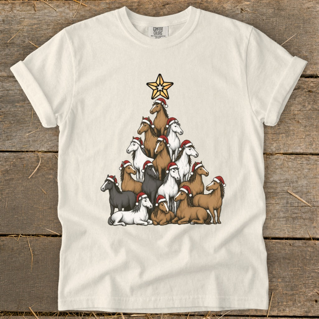 T-shirt with a Christmas tree made of horses wearing Santa hats.
