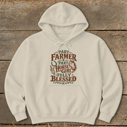 Cream hoodie with "Part Farmer Part Horse Girl Fully Blessed" text and graphics.