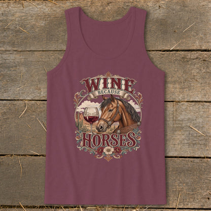 Maroon tank top with "Wine Because Horses" graphic featuring a horse, wine glass, and desert landscape.
