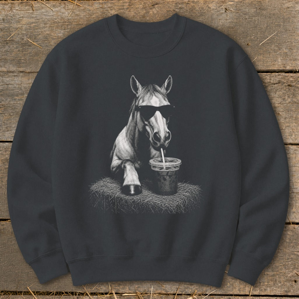 Horse wearing sunglasses drinks from a straw in a cup, printed on a dark gray sweatshirt.
