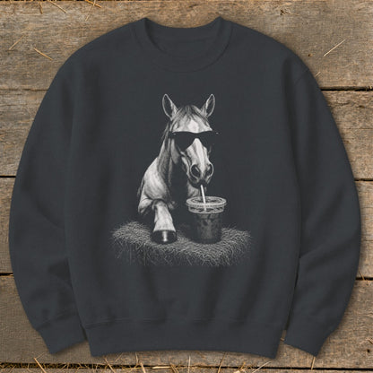 Horse wearing sunglasses drinks from a straw in a cup, printed on a dark gray sweatshirt.