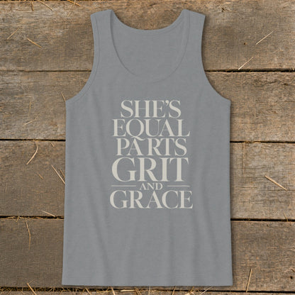 Gray tank top with text "She's Equal Parts Grit and Grace".