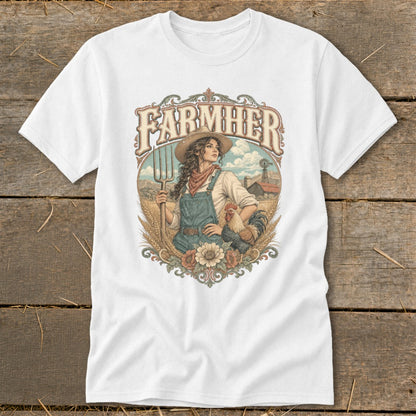 "Farmer" graphic on a white t-shirt with a woman, rooster, and farm scene.
