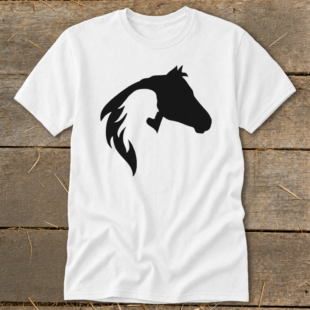 White t-shirt with black silhouette of a horse head and woman's profile combined.
