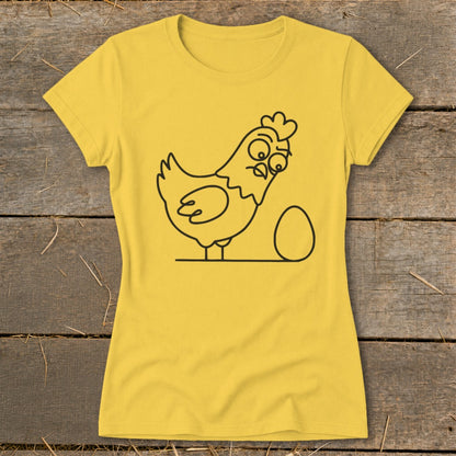 Yellow t-shirt with a black line drawing of a surprised chicken next to an egg.