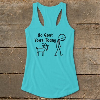 Turquoise tank top with "No Goat Yoga Today" text and stick figures.