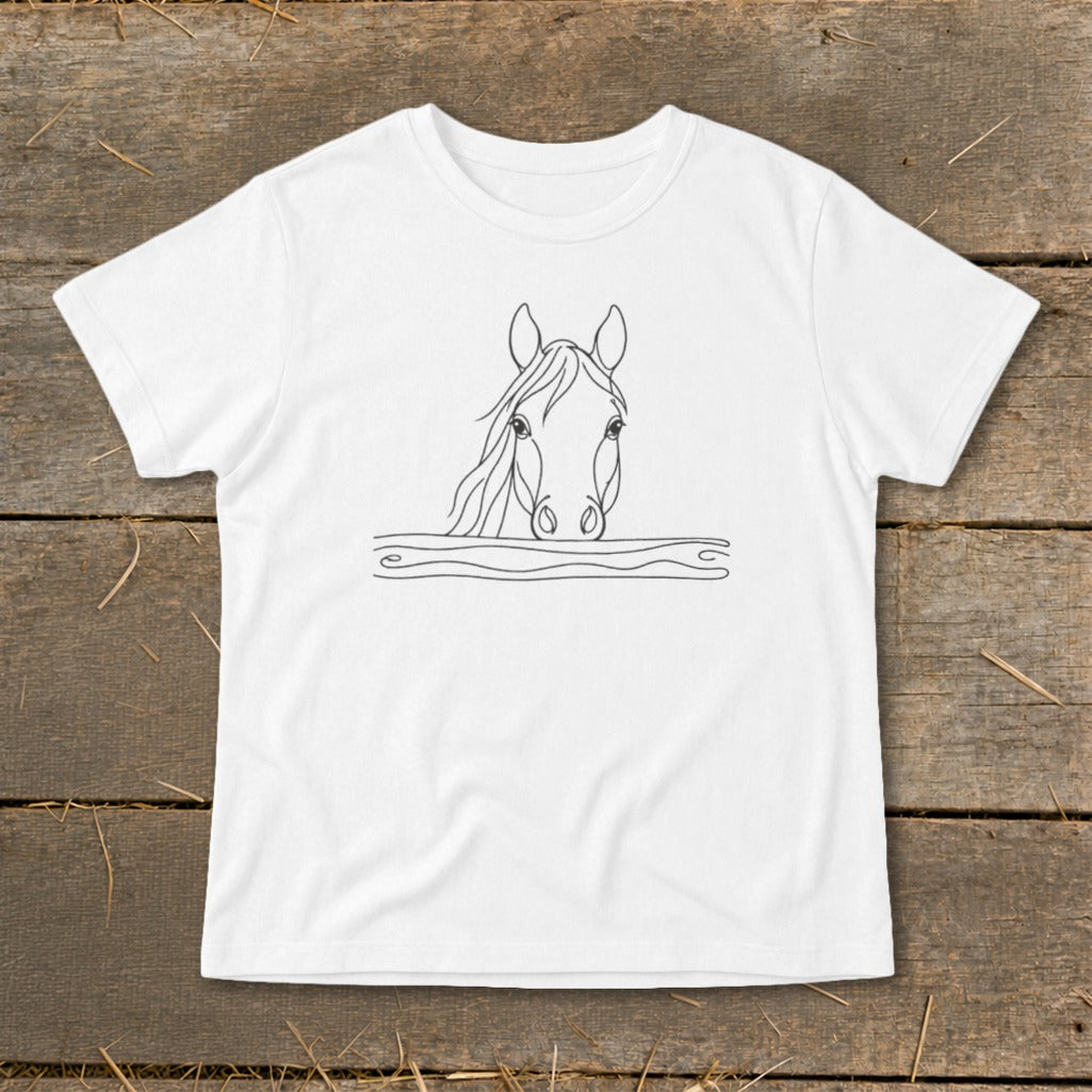 White t-shirt with a minimalist line drawing of a horse's head over a wooden fence.