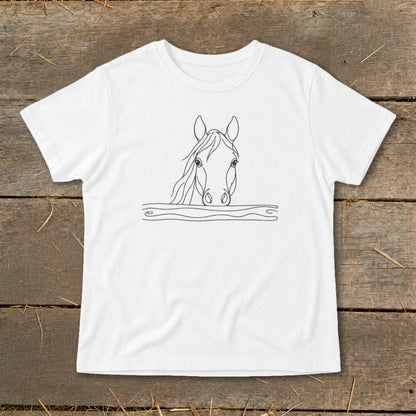 White t-shirt with a minimalist line drawing of a horse's head over a wooden fence.