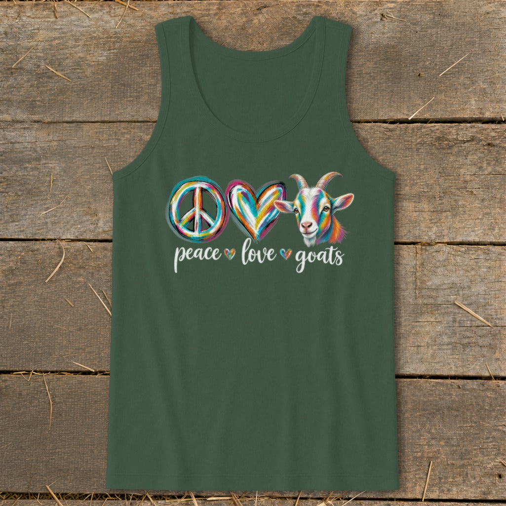 Tank top with "peace love goats" graphic featuring a peace sign, heart, and colorful goat.